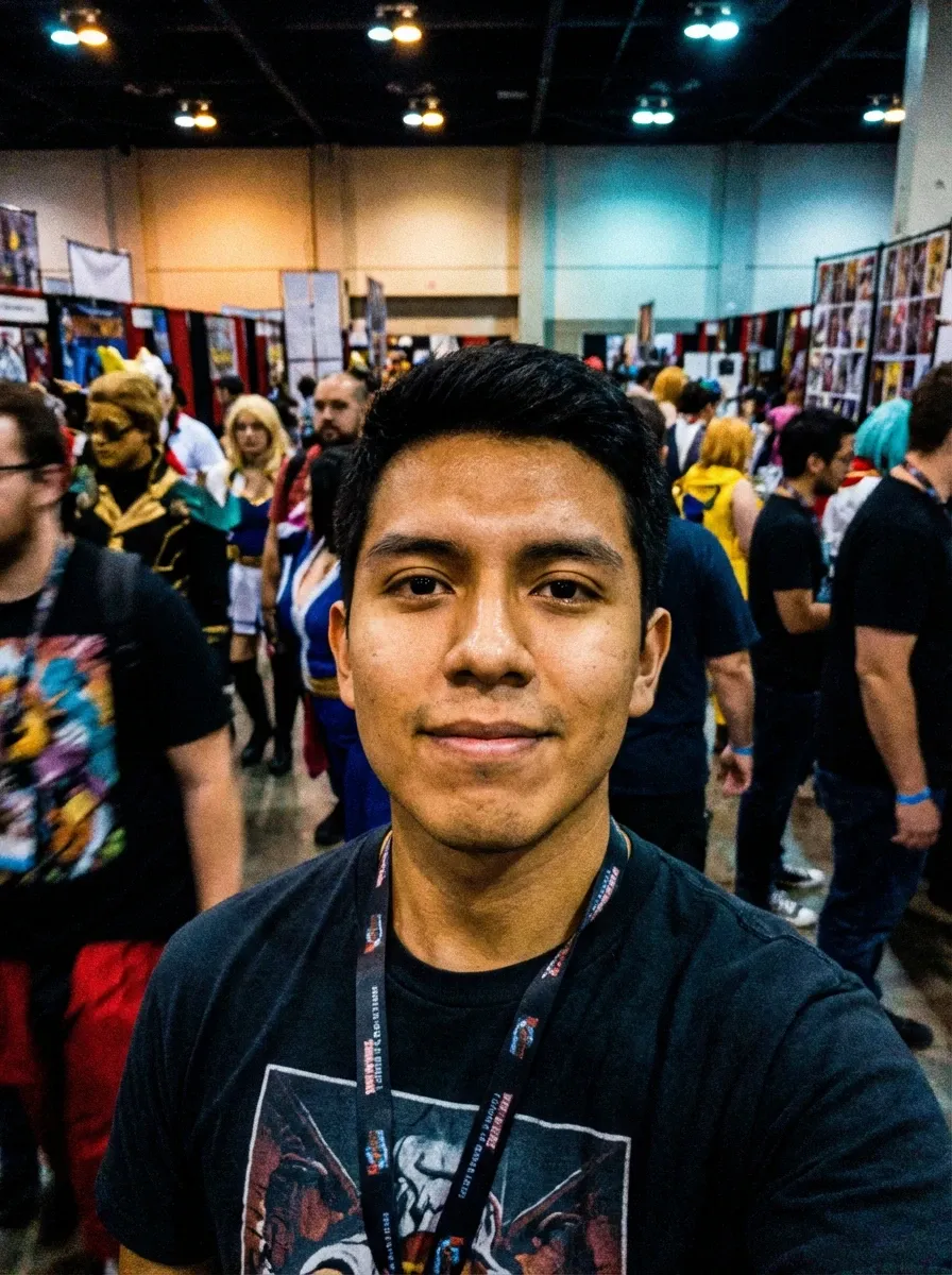 Original selfie input — young man in a dark graphic T-shirt at an indoor event